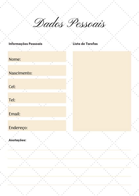 Pagina De Dados Pessoais Para Planener Planejadores Pessoais Folha