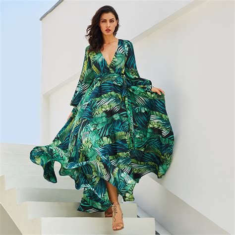 Green Tropical Leaf Print Beach Tunic Long Sleeve Maxi Dress Robe De