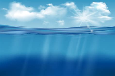 realistic underwater background ocean deep water sea  water level sun rays blue wave