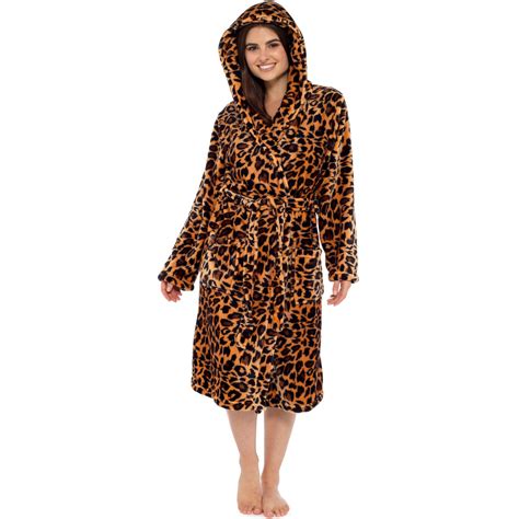 womens ladies animal leopard print robe dressing gown hooded fluffy snuggle soft ebay