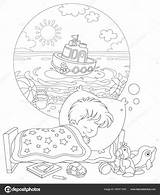 Sonhando Cama Belo Dormindo Navio Brinquedo Pequeno Vetor Ilustração Vetorial Verão água Ensolarado Alexbannykh sketch template