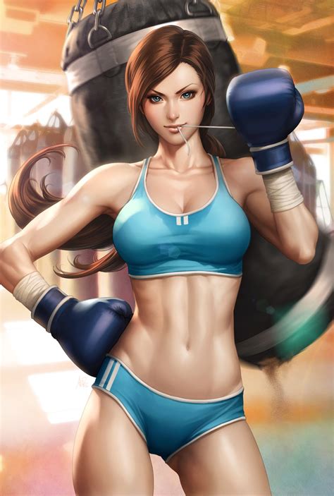 rule 34 abs blue eyes boxing gloves bra brown hair cleavage female female only human navel