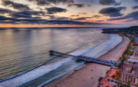 drone image  crystal pier  san diego  cloudy sunset stock photo image  shore