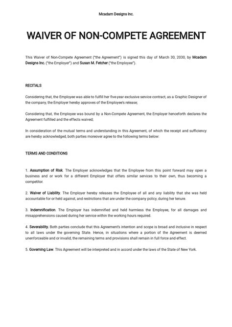 waiver   compete agreement template