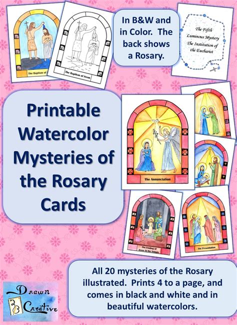 printable watercolor mysteries   rosary cards drawnbcreative