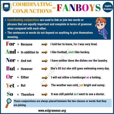 coordinating conjunction fanboys  rules examples esl grammar