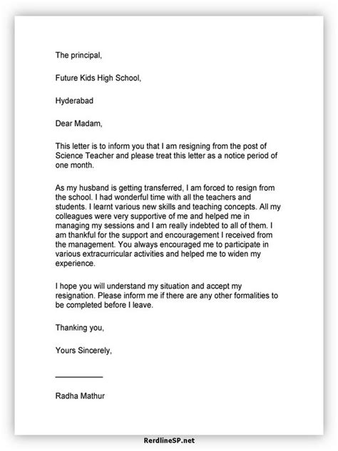 teacher resignation letter sample template redlinesp