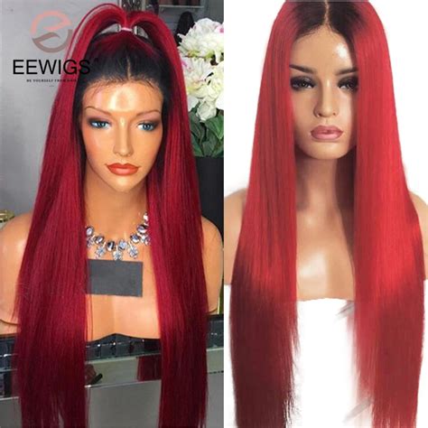 eewigs straight synthetic lace front wigs high quality ombre red color wigs   glueless