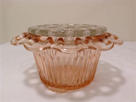 Vintage Pink Depression Glass Flower Vase Lace Edge With Frog Holder 19