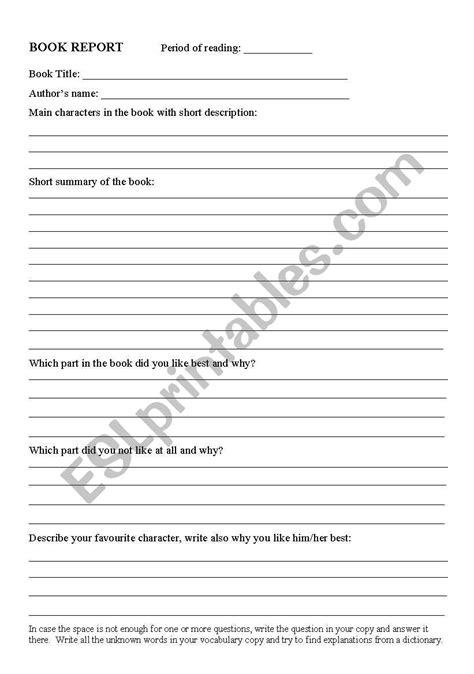 english worksheets book report form