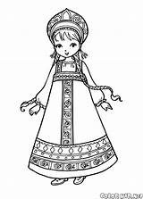 Coloring National Costume Kremlin Pages Russian Girl sketch template