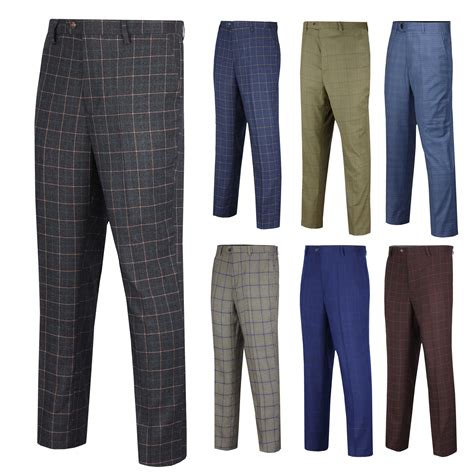 mens formal suit trousers vintage style check tailored fit smart dress