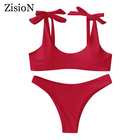 Zision Bow Bikini Set Women Swimsuit Swimwear Sexy Bathing Suit Low