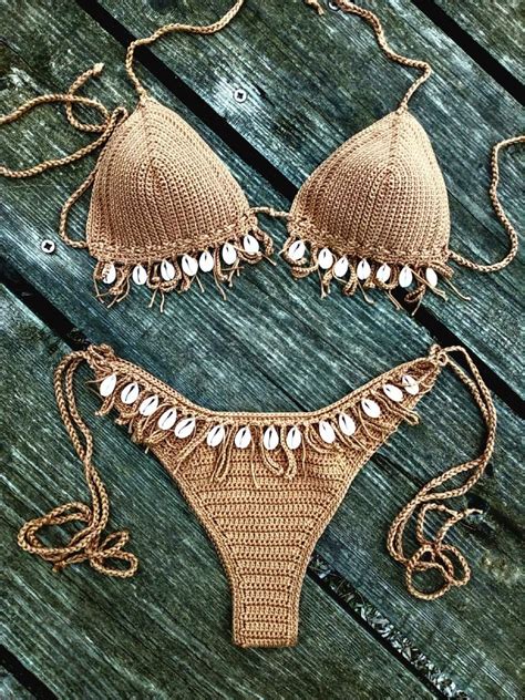 crochet bikini set tan brown bikini with cowrie sea shells bikini