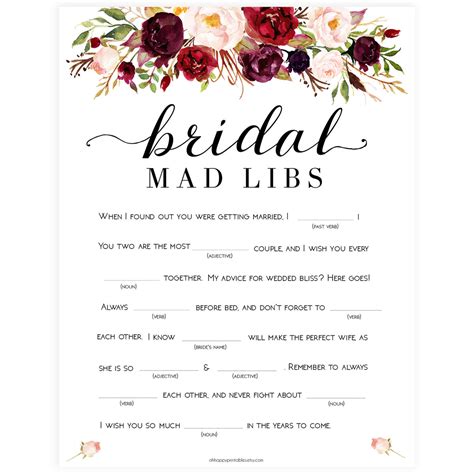 bridal mad libs printable game shop funny bridal shower games