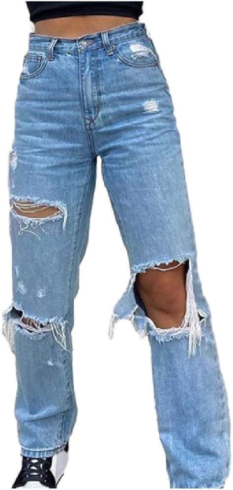 n p high waist hole ripped straight mom jeans women casual streetwear