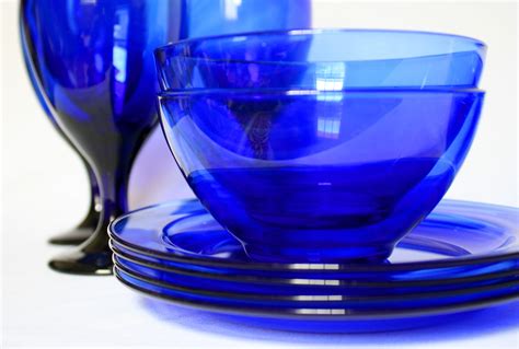 pc vintage blue glass dish set cobalt blue glass etsy
