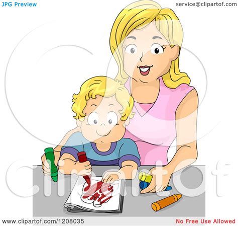 Cartoon Of A Blond Caucasian Mother Coloring With Her