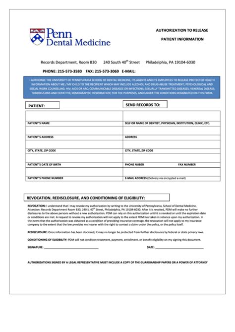 Authorization To Release Patient Information Penn Dental