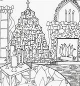 Coloring Christmas Cozy Adult Fireplace Tree Pages Winter sketch template
