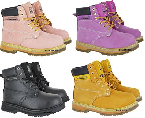 ladies pink groundwork safety steel toe cap leather work hiking boots size   ebay