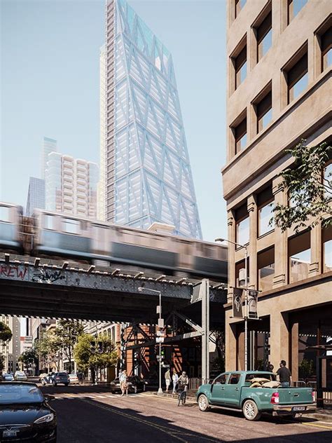 blue car  driving   street  front   tall building   train   track