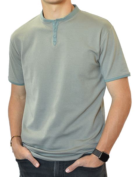 mens short sleeve henley banded collar shirt taupe steel blue spearpoint apparel