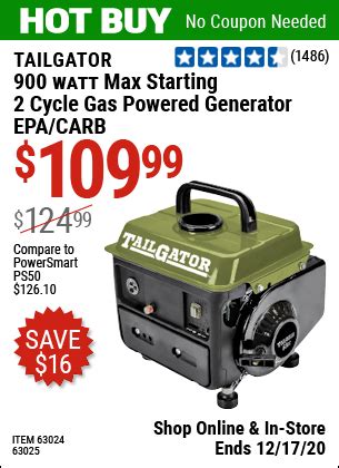 tailgator  watt max starting  cycle gas powered generator   harbor freight coupons