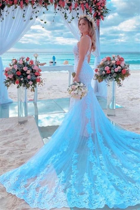 mermaid spaghetti strap light blue wedding dress  chapel train   disney wedding