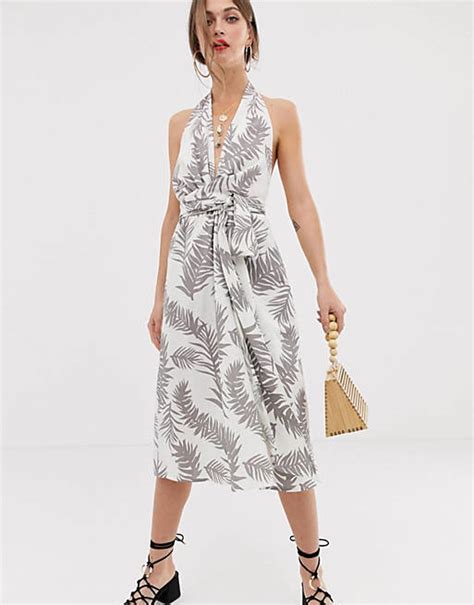 asos design wrap front halter midi sundress in tropical print asos