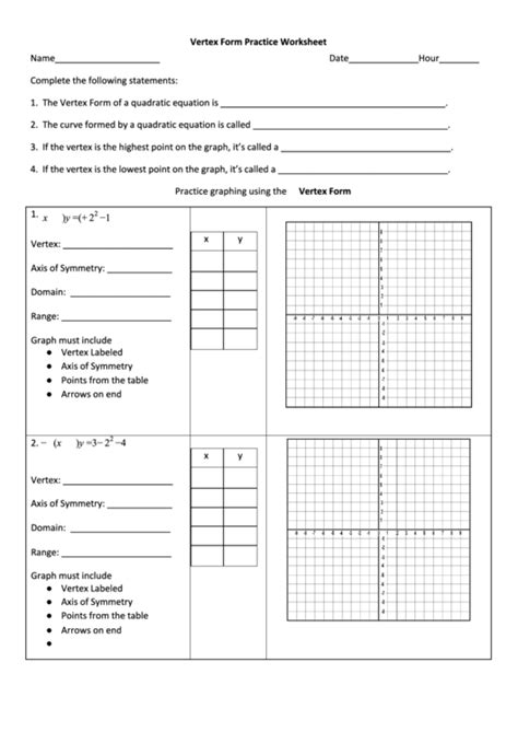 vertex form practice worksheet printable