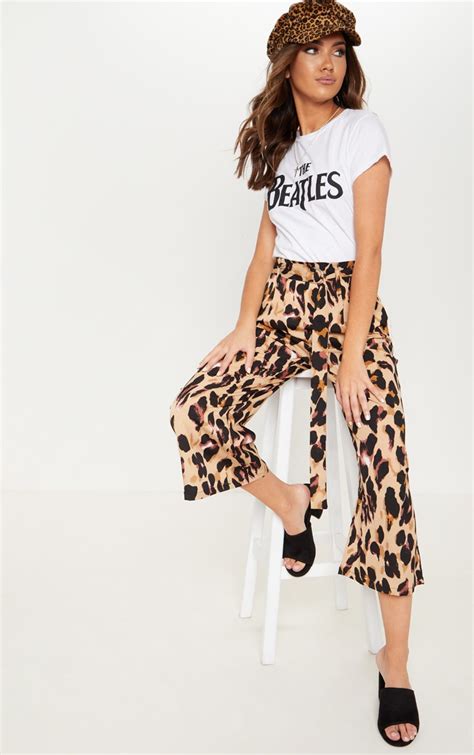 tan satin leopard print culotte pant prettylittlething usa