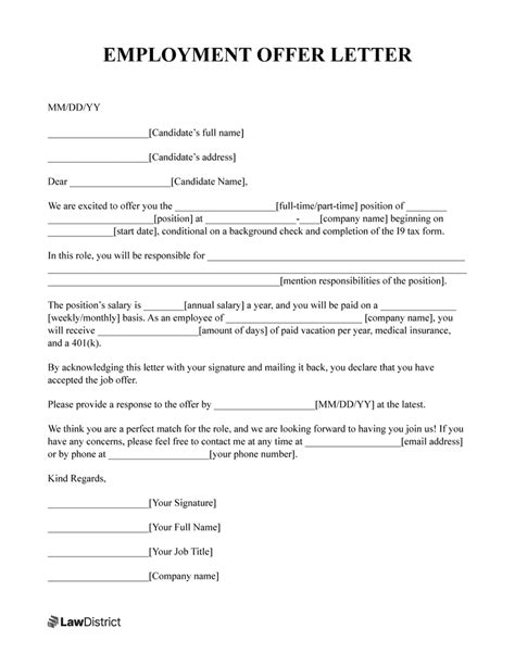 employment offer letter template sample  lawdistrict
