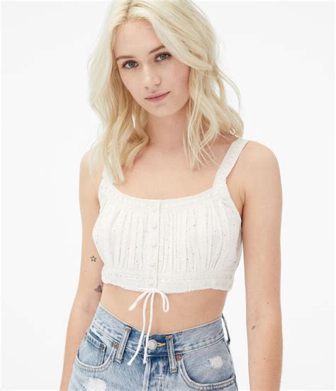 eyelet button front cropped bubble top