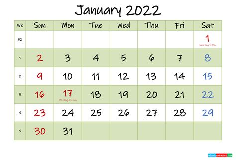 january 2022 calendar with holidays printable template