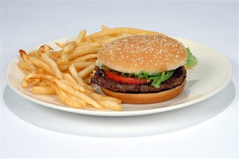 french fries  hamburger   plate stock photo image  tasty