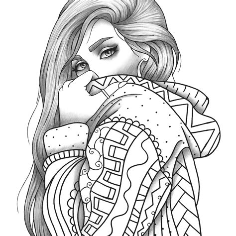 adult coloring page girl portrait  clothes colouring sheet etsy