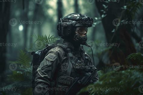 special forces military unit  full tactical gear walking   jungle generative ai