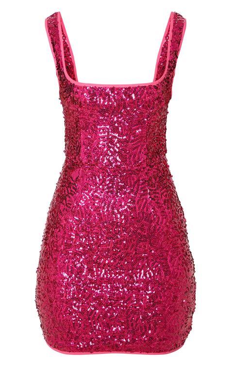 Hot Pink Sequin Sleeveless Square Neck Dress Prettylittlething