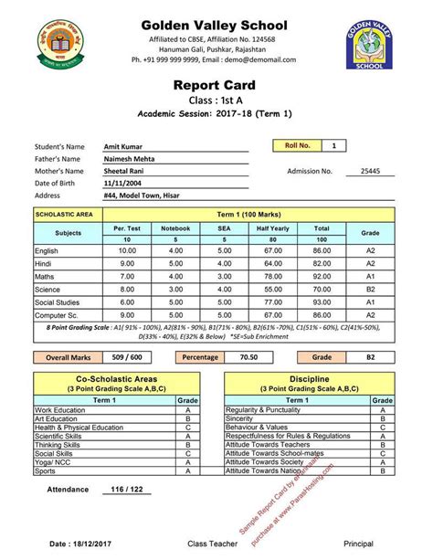 cbse report card format  primary classes