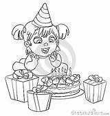 Coloring Birthday Little Girl Celebrating Having Fun Book Her Cake Isolated Lots Gifts Illustration Vector sketch template
