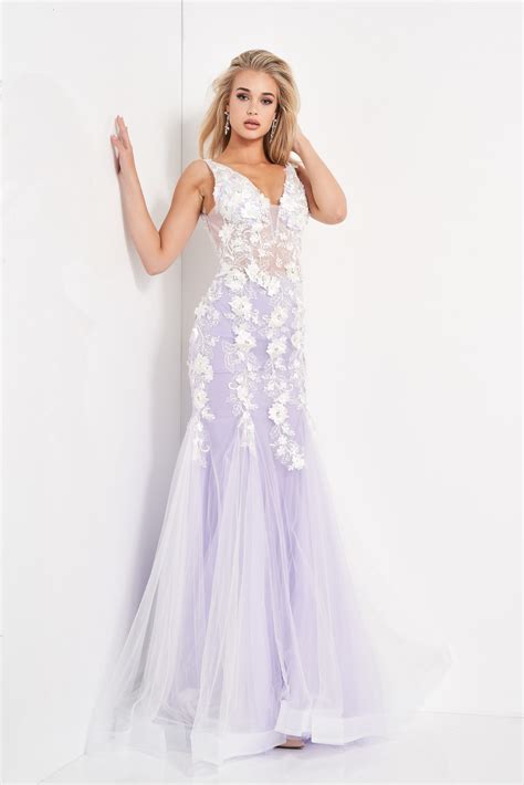 jovani 8066 plunging neckline tulle floral prom dress