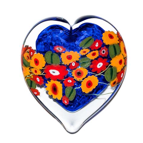 California Poppy On Blue Heart Paperweight By Shawn Messenger Art