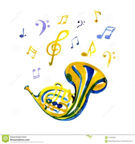 musical instruments graphic template french horn watercolor illustration  note stock