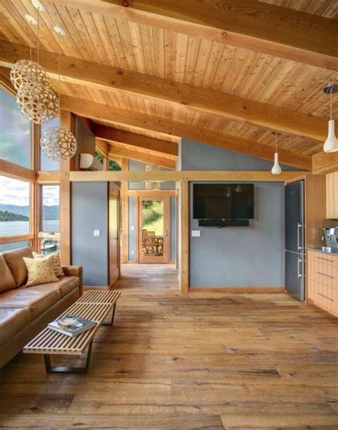 love  open wood interior  single pitch vaulted ceiling prefab homes tiny house