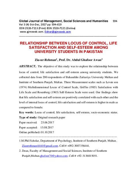 pdf relationship between locus of control life satisfaction and self