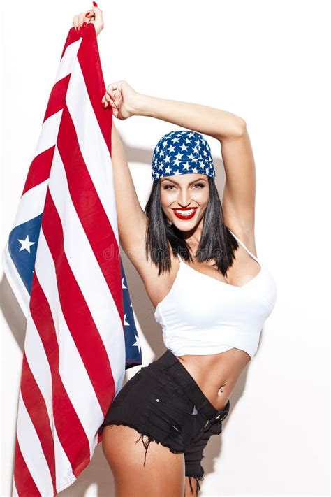 Woman With Big Tits Holding Usa Flag Stock Image Image Of Salute Freedom 67321215
