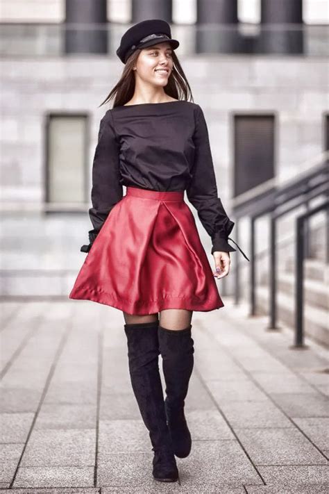 cool autumn  long sleeve top faux leather skater skirt  black high boots red mini