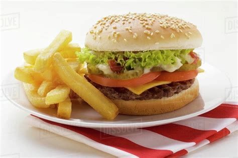 cheeseburger  fries   plate stock photo dissolve