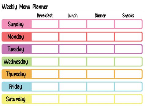 weekly menu planner template printable printable templates